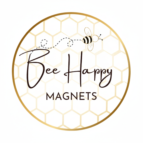 Bee Happy Magnets Logo with Beehive Background